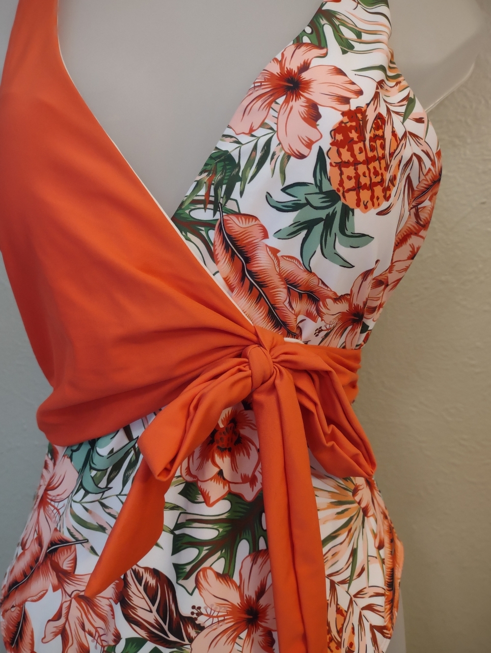Floral Tropical One-Piece Wrap Front Swimsuit – Orange & Pineapple Print Large - Picture 6 of 10